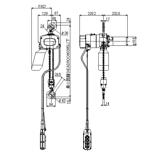 単相可変速 (無段速・二速選択) α型フック式小型電気チェーンブロック