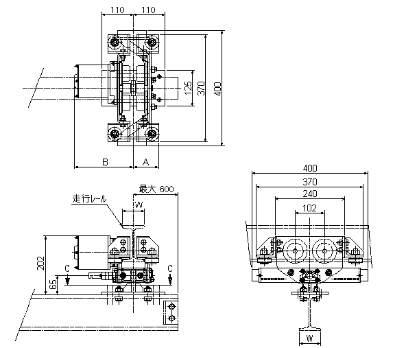 サスペンション式電動サドル 定速式（低速）鍛造鉄車輪 寸法図・寸法表