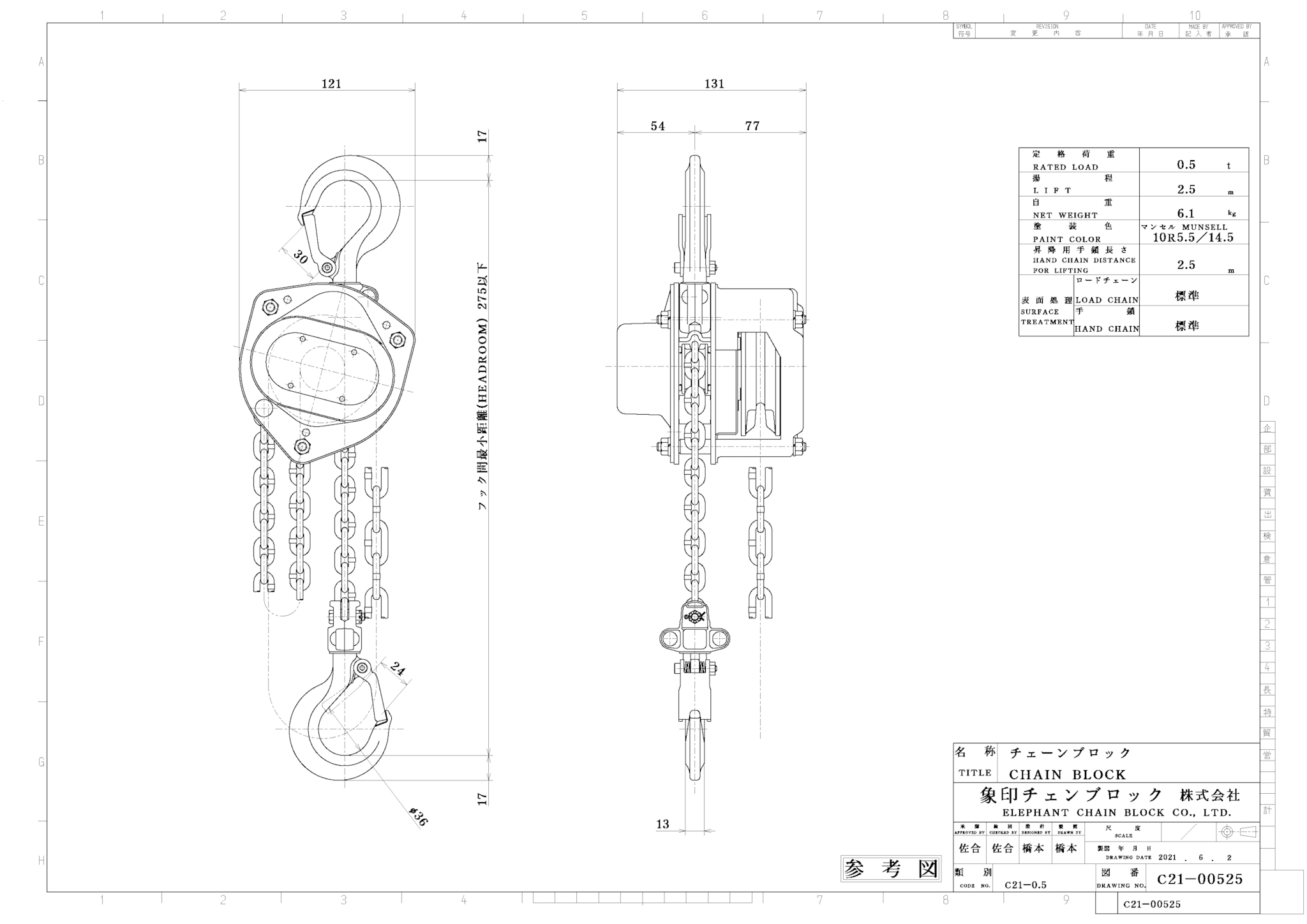 C21型 フック式チェーンブロック（500kg～5t）| 象印チェンブロック