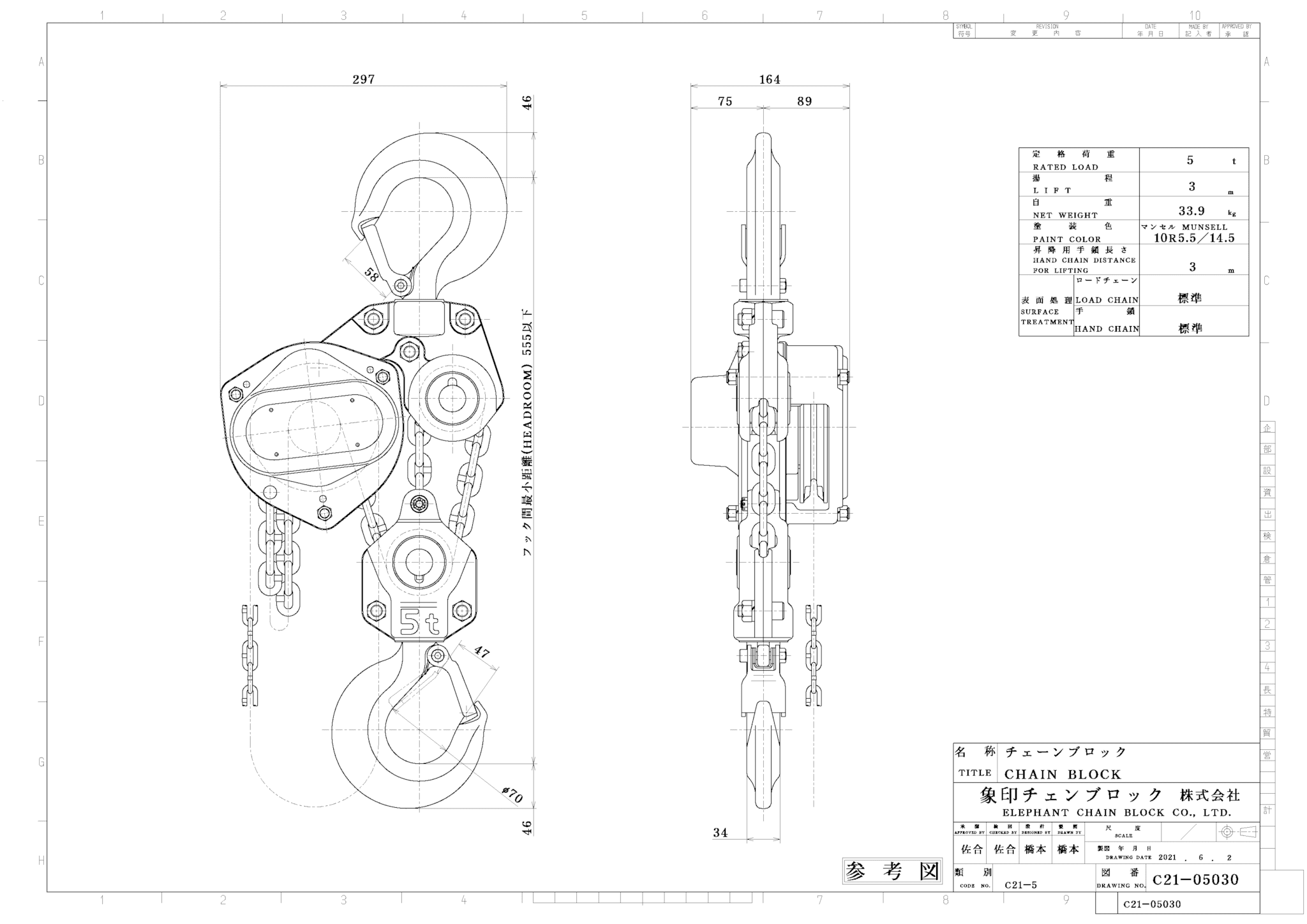 象印 象印 Ｃ２１型チェーンブロック１．５ｔ・２．５ｍ （1台） 品番：C21-01525