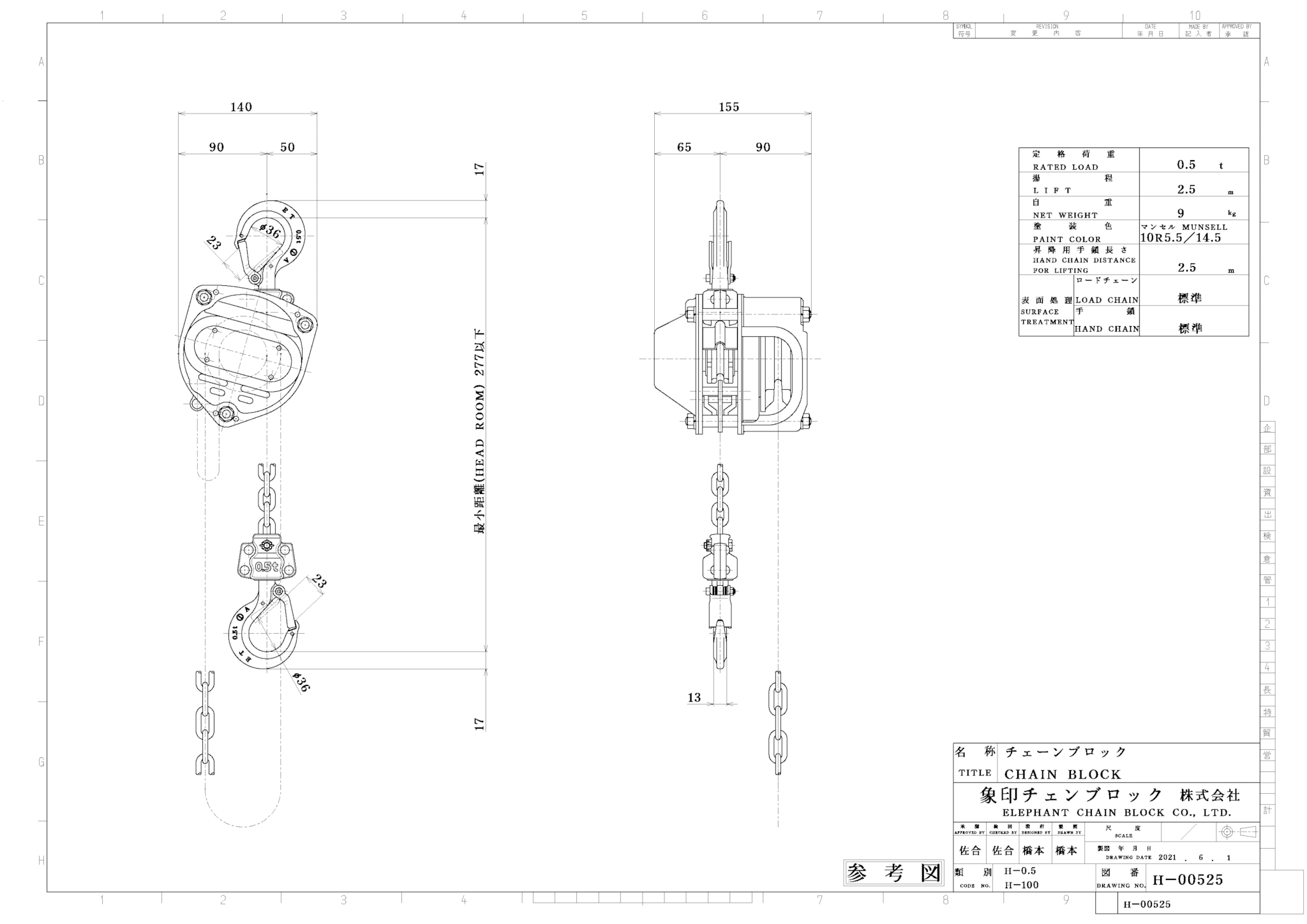 サイズ交換ＯＫ】 象印チェンブロック:象印 手動チェーンブロック 80kg 揚程5m 型式:HMK0850