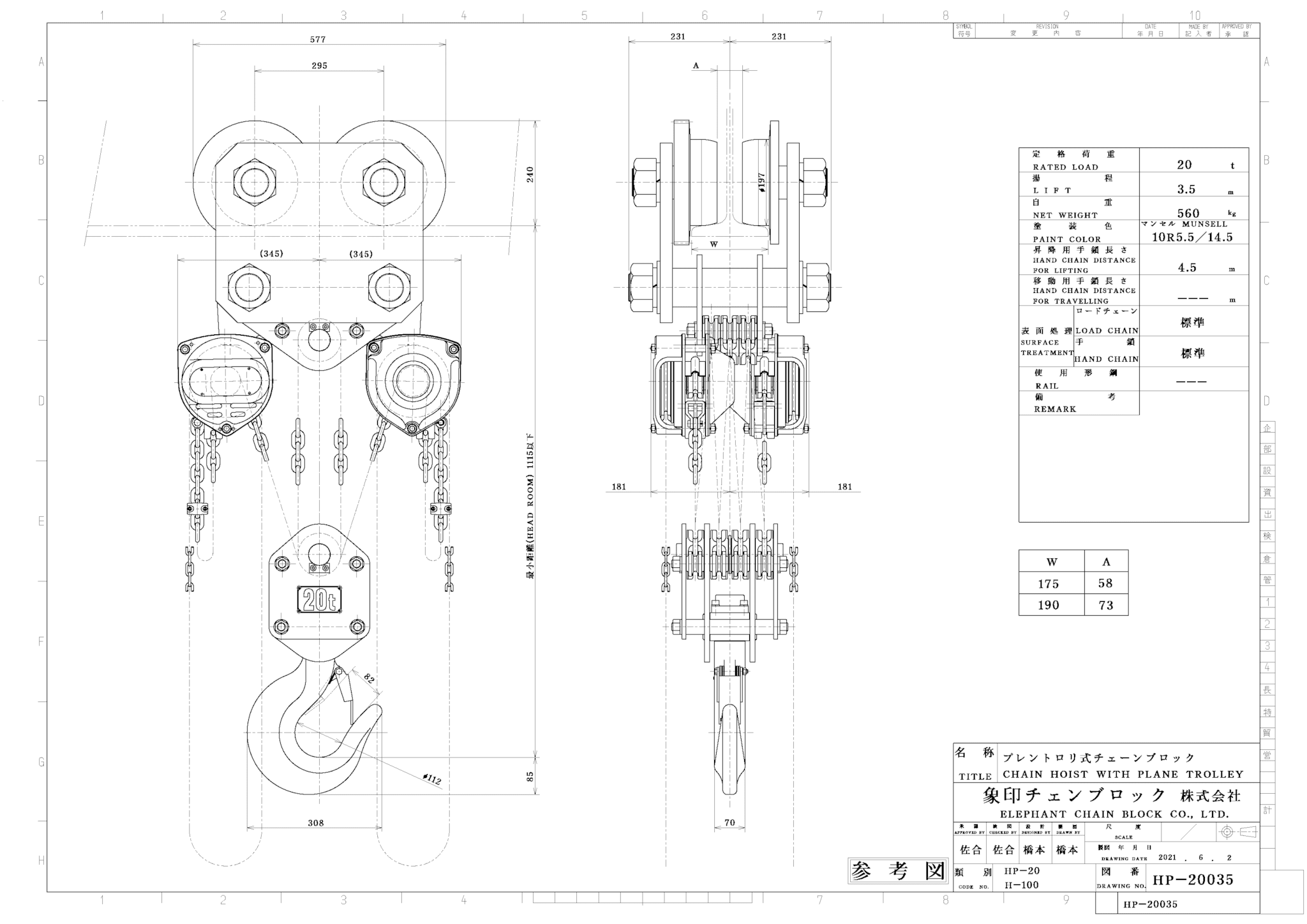 HP型 プレントロリ結合式チェーンブロック (500kg～20t） | 象印チェン