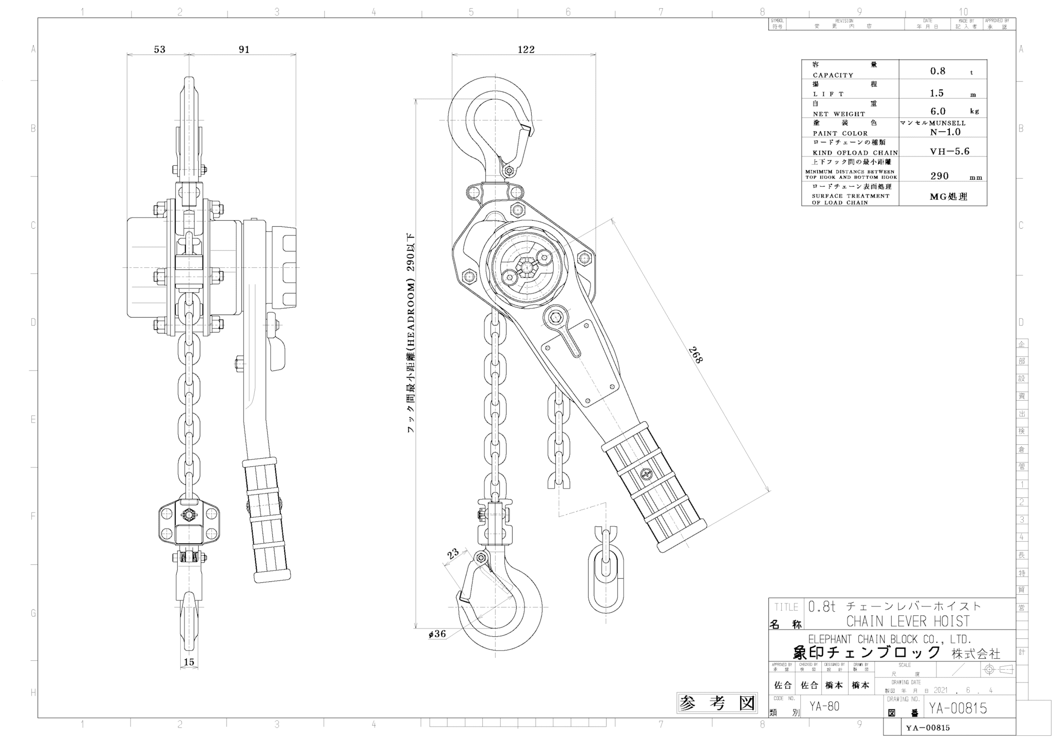 1.5m YA-80 強力レバーホイスト 有名人芸能人 象印 レバーブロック 0.8t