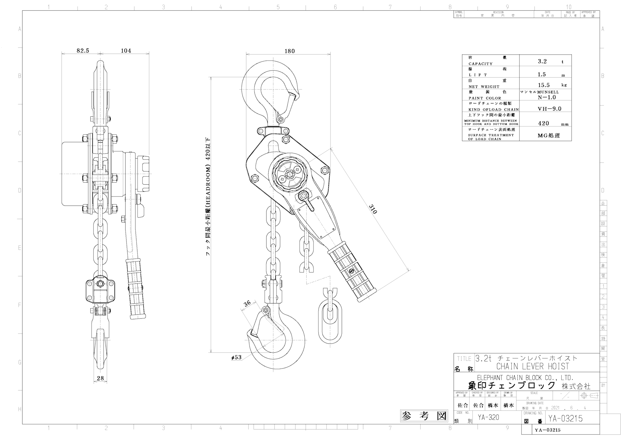 SALE】 象印 ＹＡ型チェーンレバーホイスト 定格荷重1.6ton