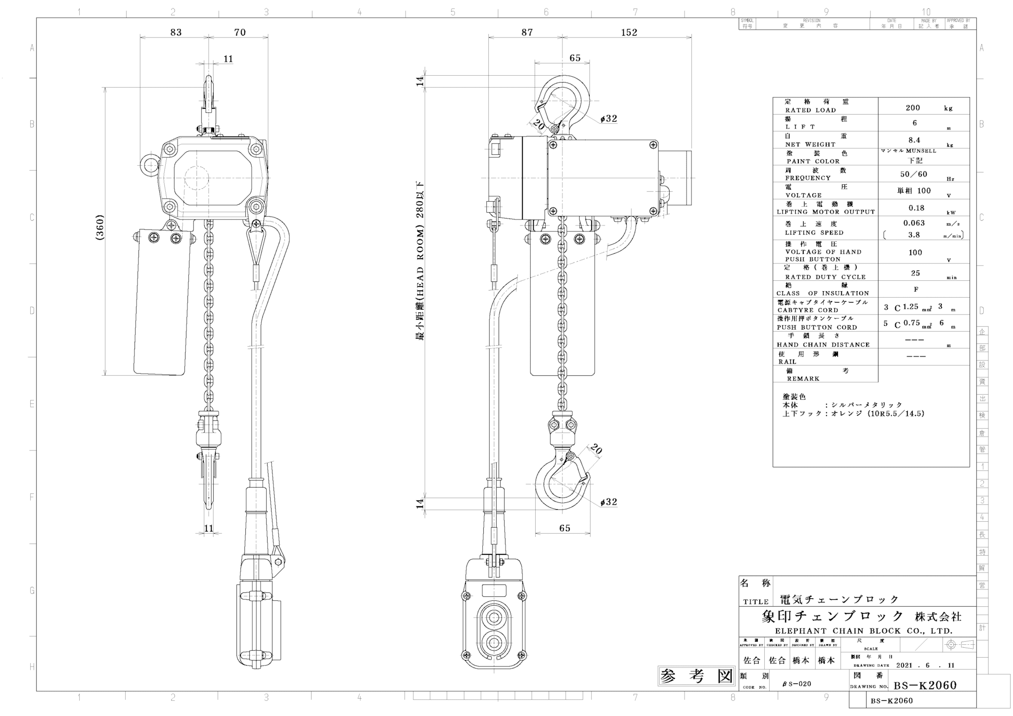 ランキング総合1位 象印 単相200V小型電気チェーンブロック 1速型 250KG 3M 1台 AHK2530 象印チェンブロック 