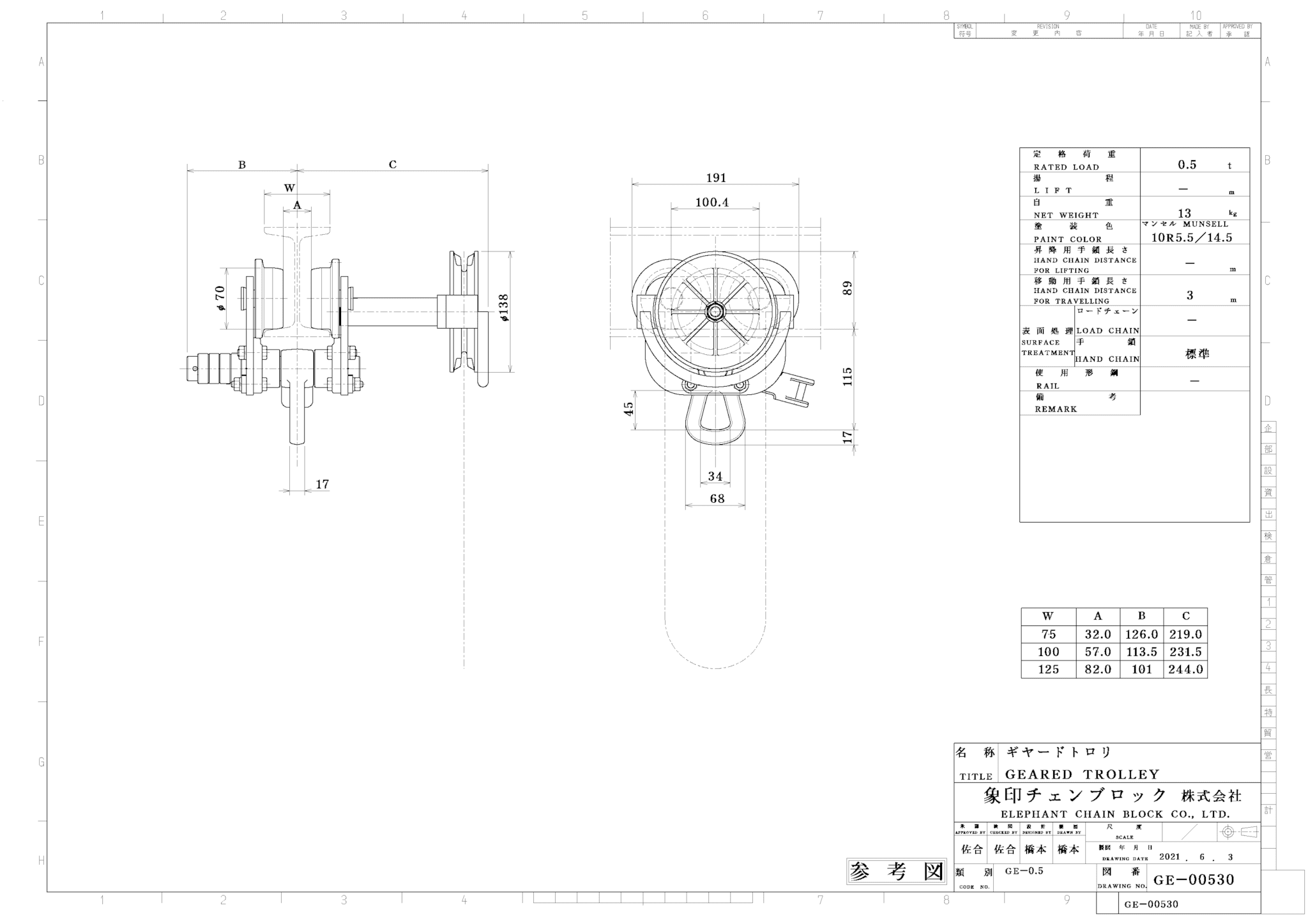 二葉　手動チェンブロック　定格荷重0.50T　標準揚程2.5m - 2