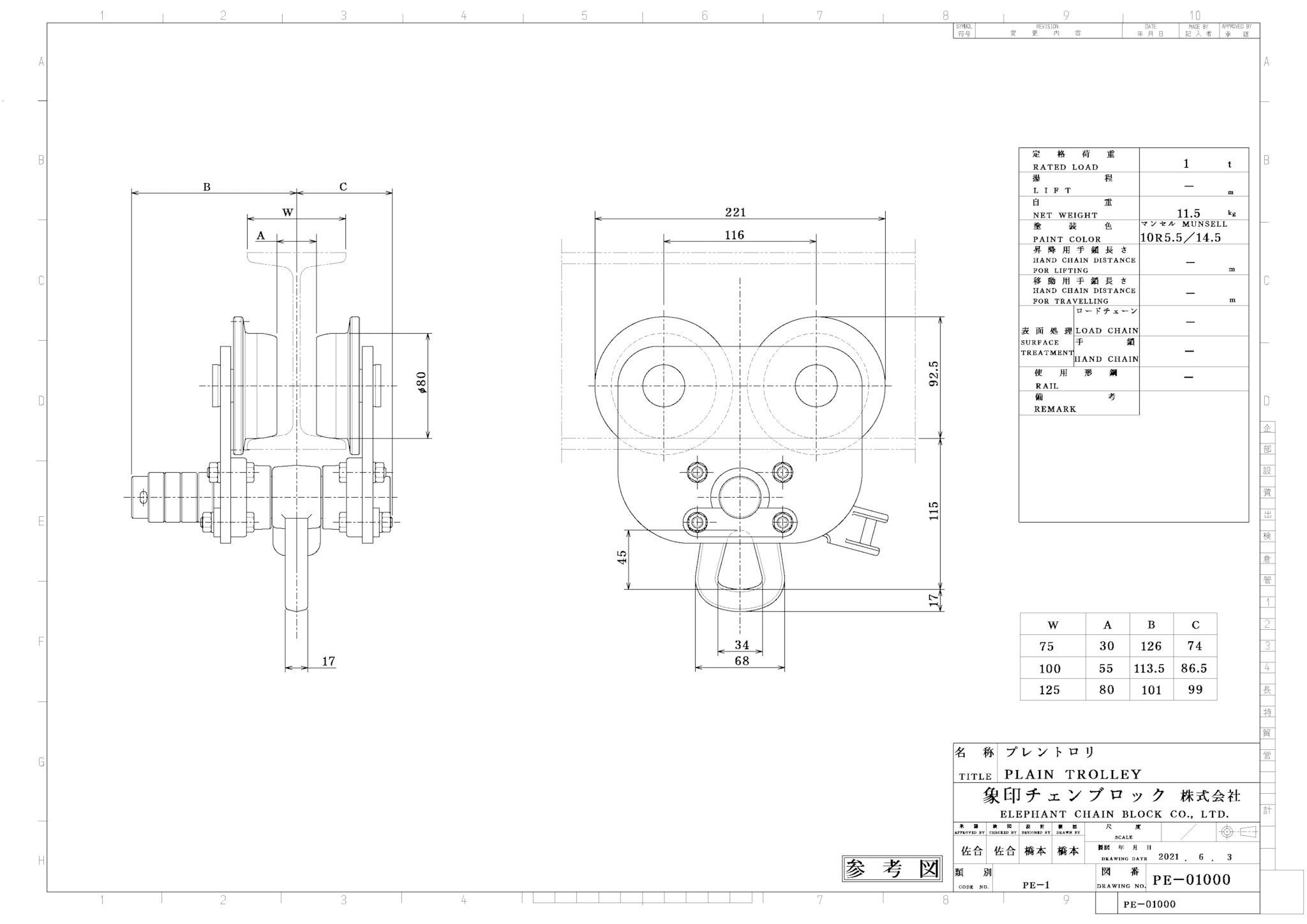 PE型 電気チェーンブロック用プレントロリ（500kg～5t）| 象印チェン