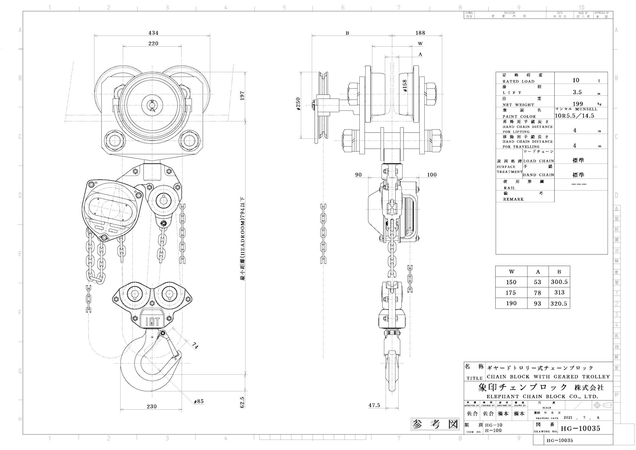 品質満点 H100ギャードトロリ結合式手動チェーンブロック 定格荷重1.0T