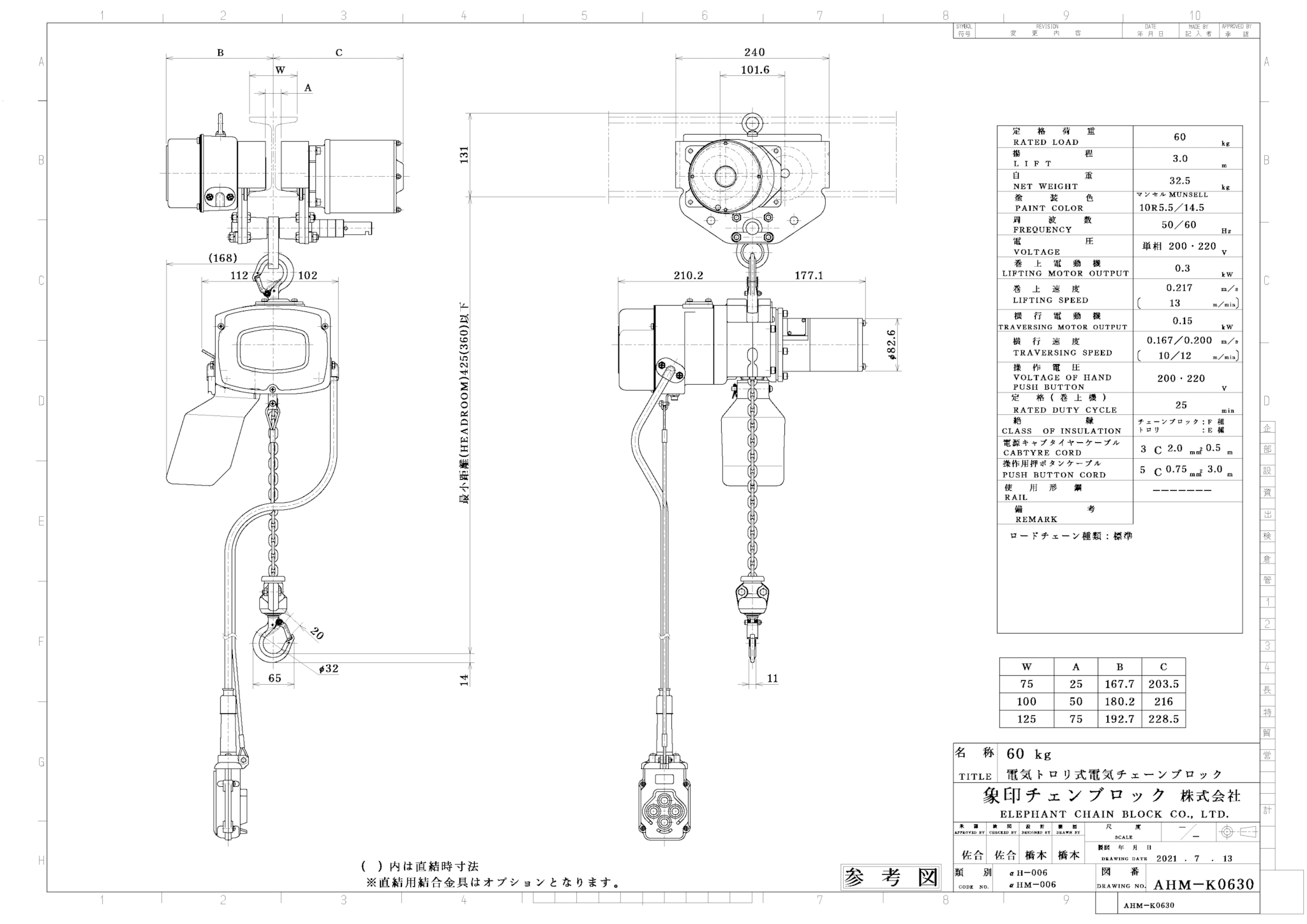 最大80%OFFクーポン 象印 α型電気チェーンブロック 490kg 6m 3相200V 1台 ACK4960 象印チェンブロック 