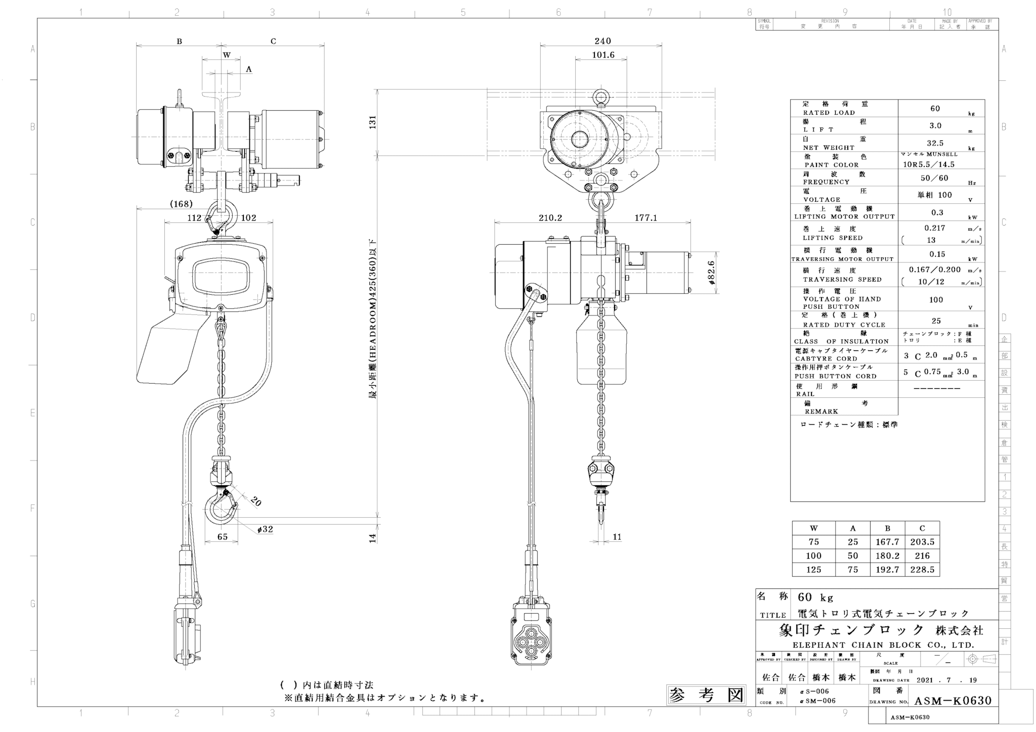 格安新品 象印 ＳＡ型単相１００Ｖプレントロリ結合式電気チェーンブロック２５０ＫＧ ６ｍ 〔品番:SAP-K2560〕 4608178  送料別途見積り,法人 事業所限定