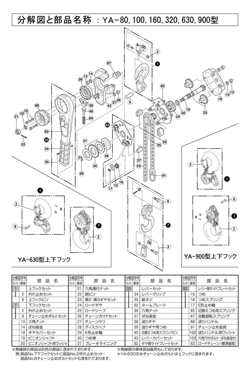 YA-80～900型 分解図・部品リスト