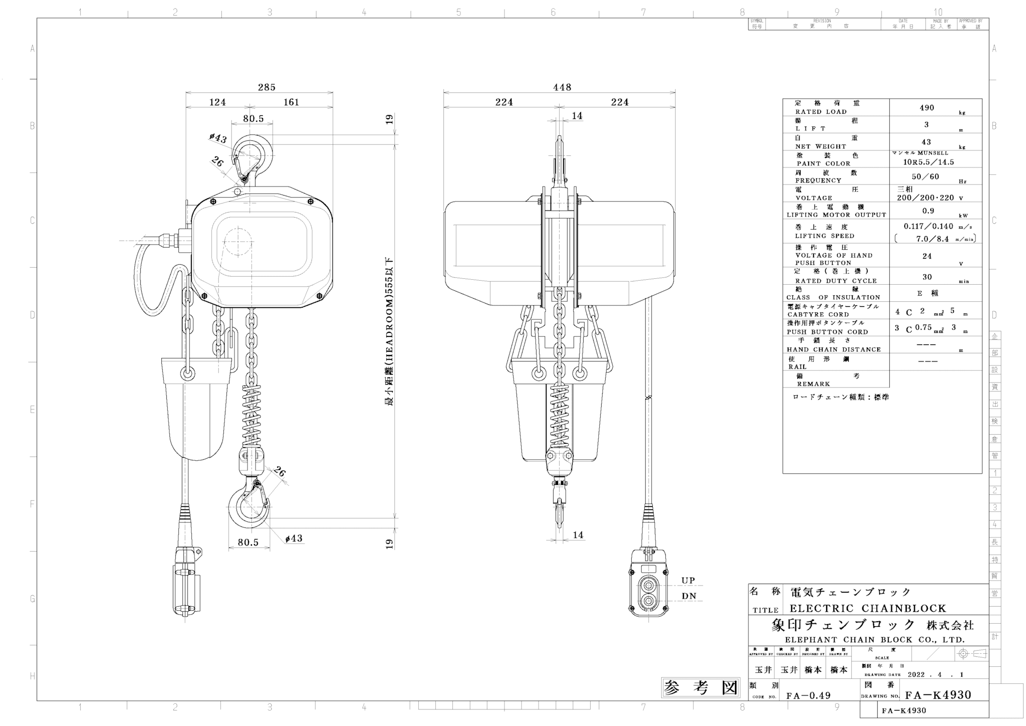 値頃 象印 ＦＡ型電気トロリ結合式電気チェーンブロック０．５ｔ ３ｍ 〔品番:FAM-00530〕 4607708 送料別途見積り,法人 事業所限定 