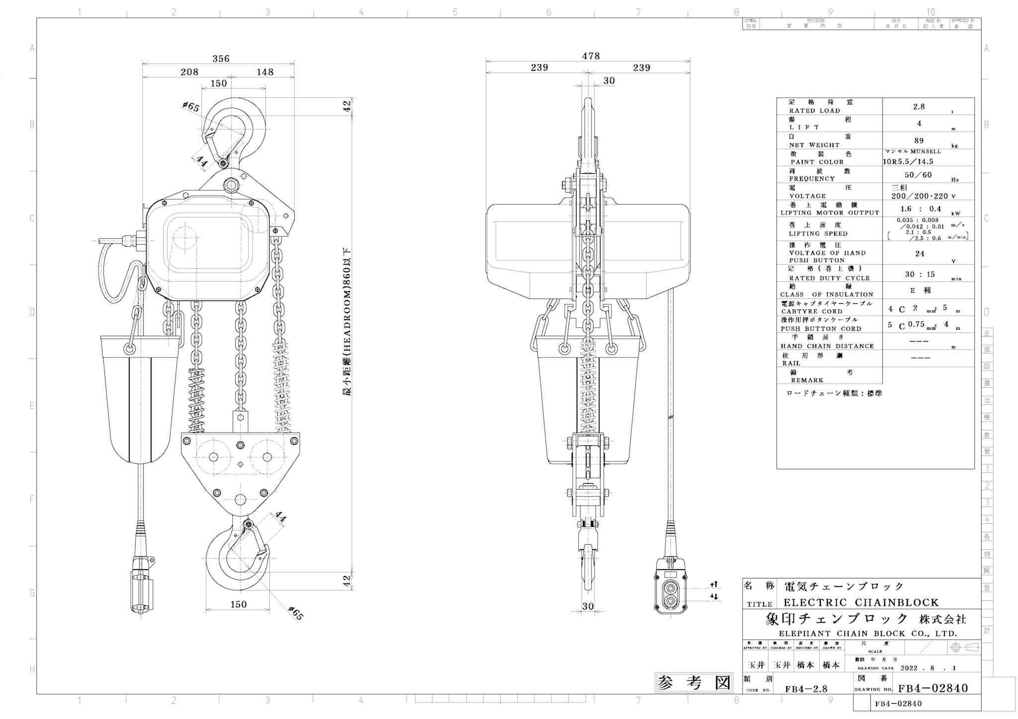 FB4/FB4Ⅲ型フック式電気チェーンブロック（490kg～2.8t）｜象印チェン