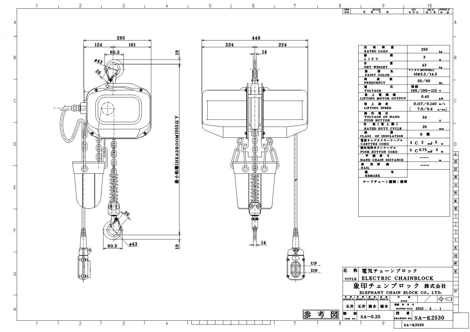 SA/SAⅢ型フック式電気チェーンブロック（250kg～1t）｜象印チェン