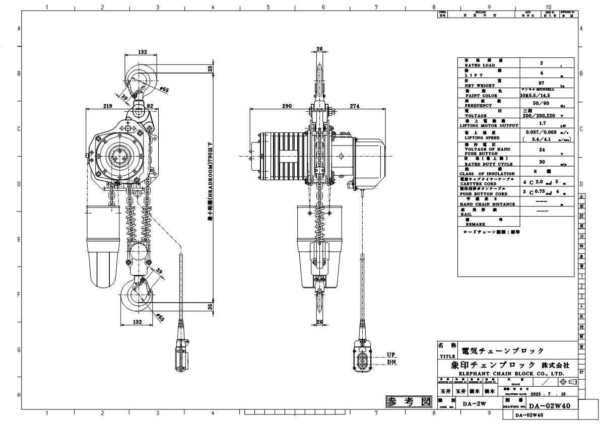 DA型フック式電気チェーンブロック（250kg～10t）｜象印チェンブロック